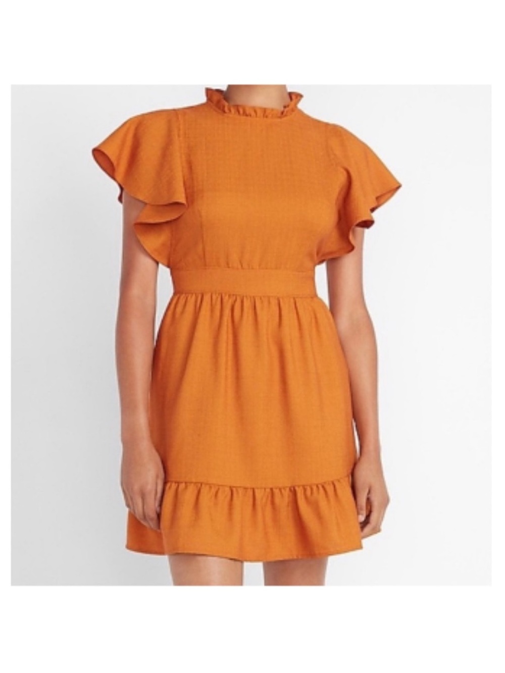 NWT Express x Ladygang Women’s Ruffle Sleeve Mini Dress in Burnt Orange